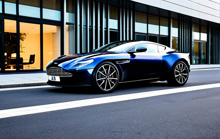 A pristine Aston Martin DB11 Hybrid, showcasing its sleek, elegant profile, parked in a modern, architecturally impressive urban setting. The car's polished exterior reflects the soft golden hour light, emphasizing its luxury and cutting-edge design. The background features contemporary glass buildings and clean lines, hinting at sustainable innovation. Professional automotive photography, high resolution, stunning detail, safe for work, appropriate content, fully clothed, professional, perfect anatomy, correct proportions, natural pose, well-formed hands, proper finger count, natural body proportions.